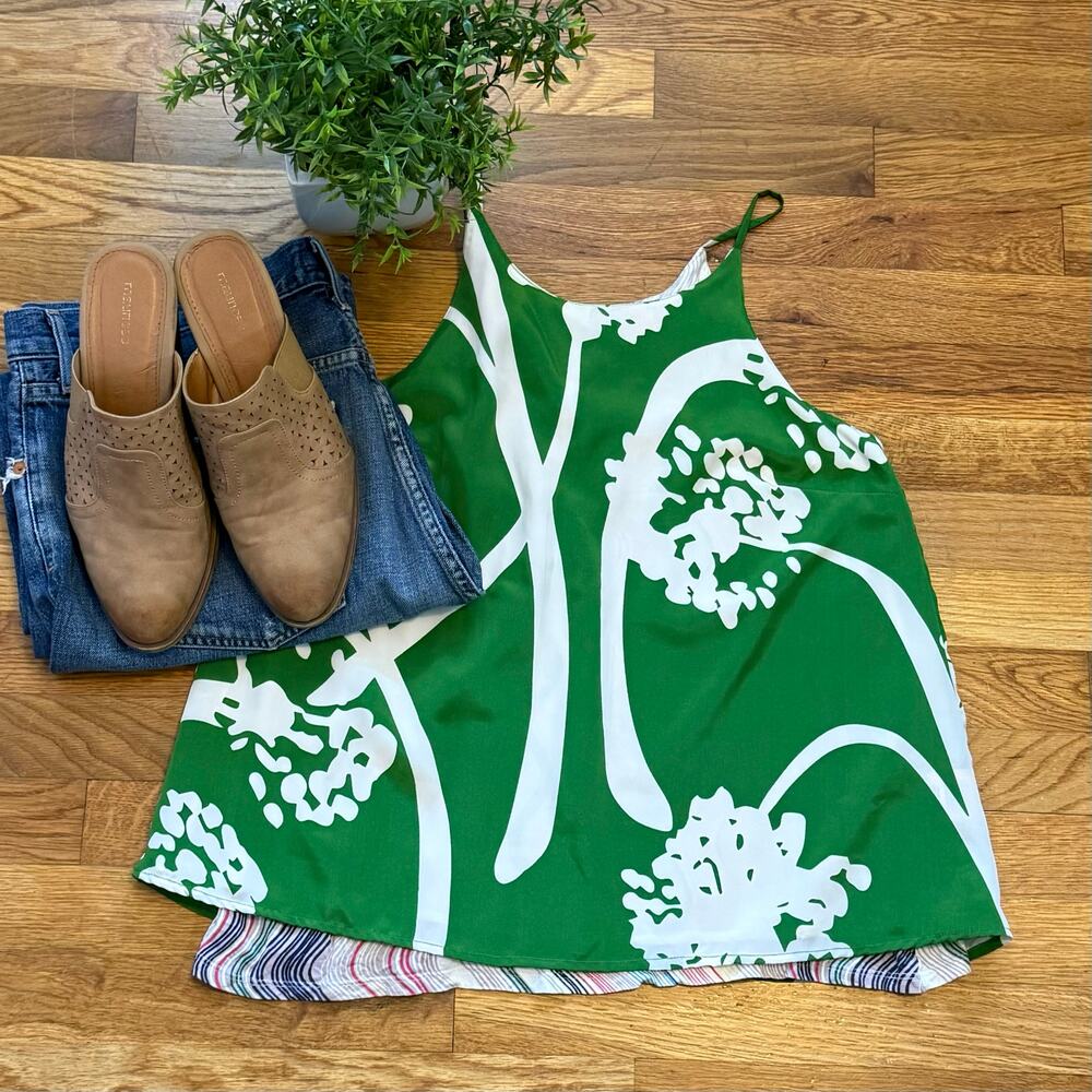 Porridge Anthropologie Women XS Green White Floral Stripe Layer Spaghetti Strap